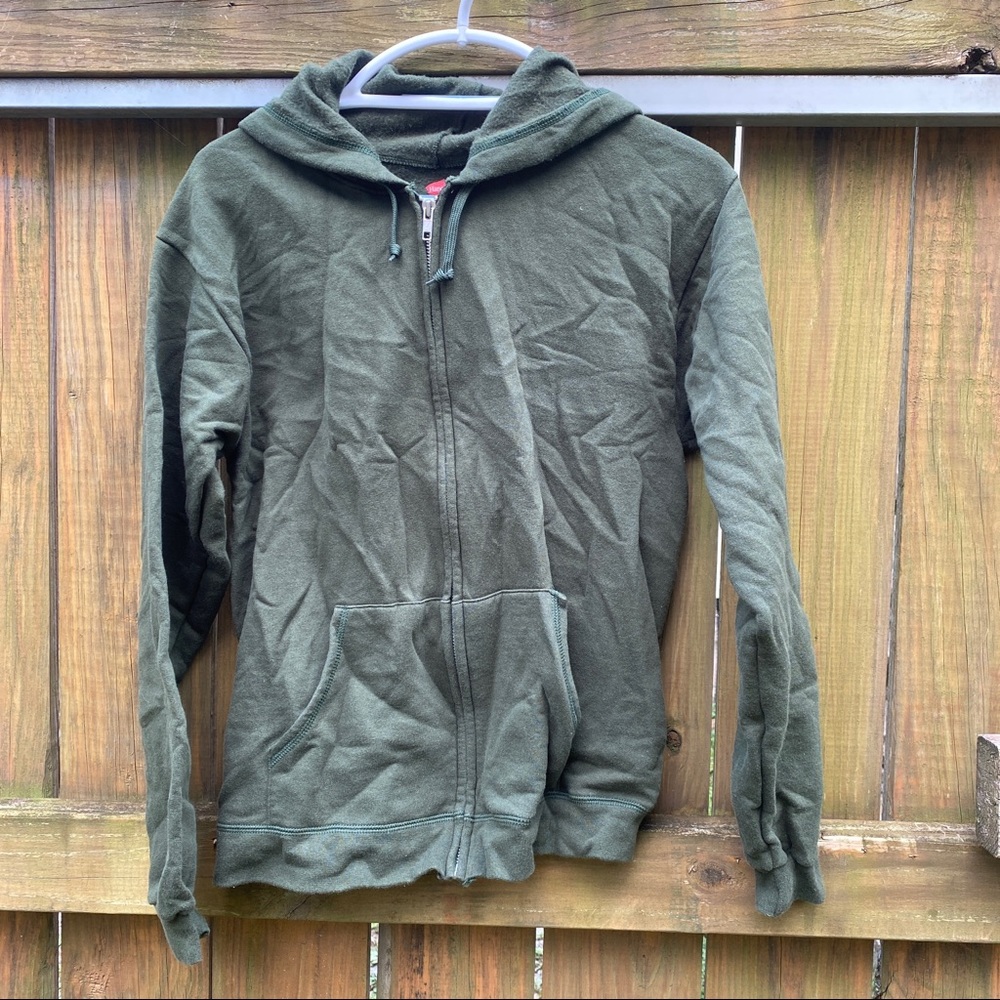 Mens Hanes unisex womens olive green long sleeve hooded zip up hoodie Pockets S